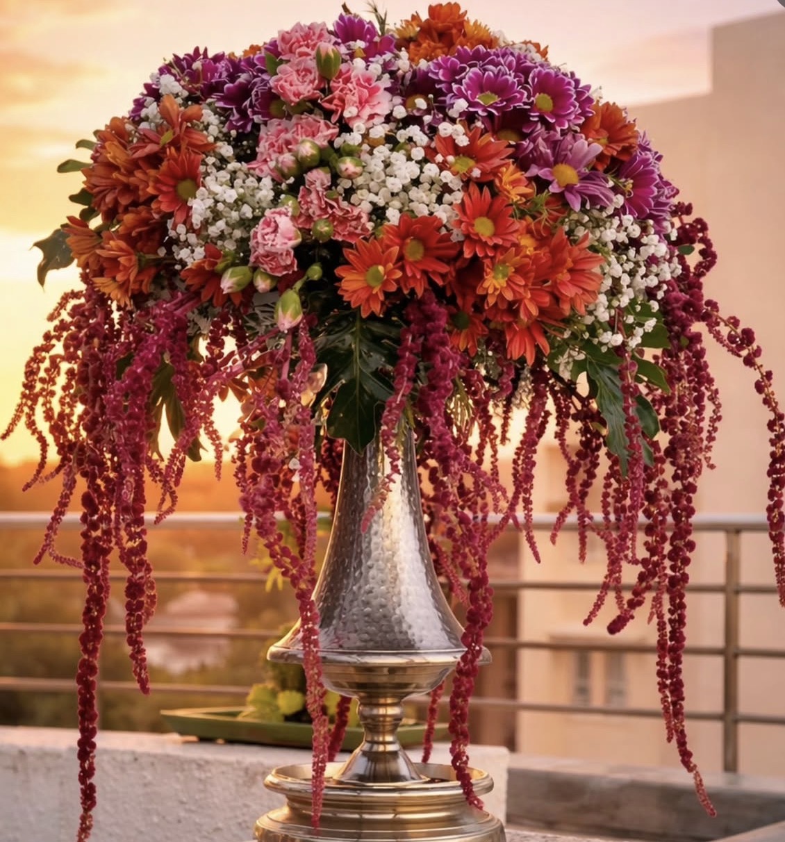 Grand silver urn arrangement with cascading amaranthus and mixed blooms at sunset